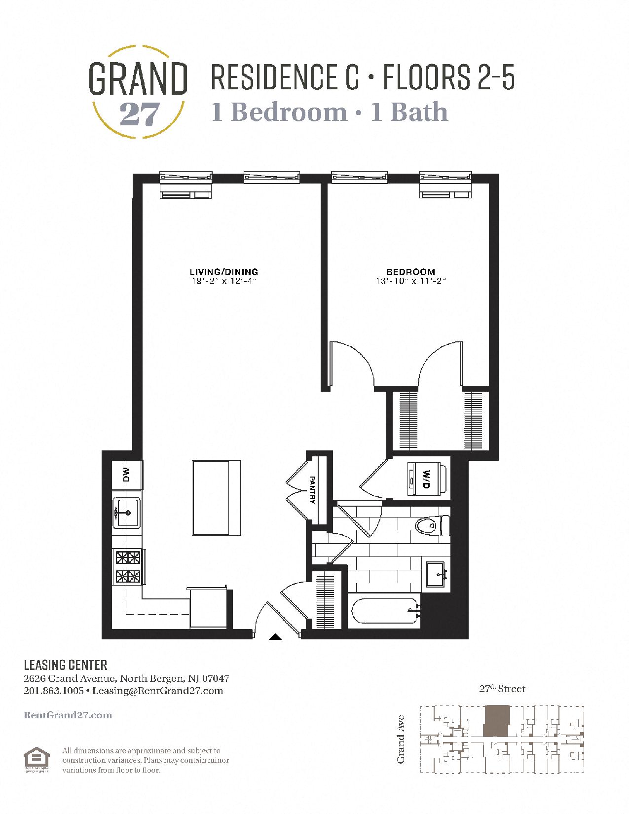 Floor plan for 1 bed, 1 bath, 758 sqft